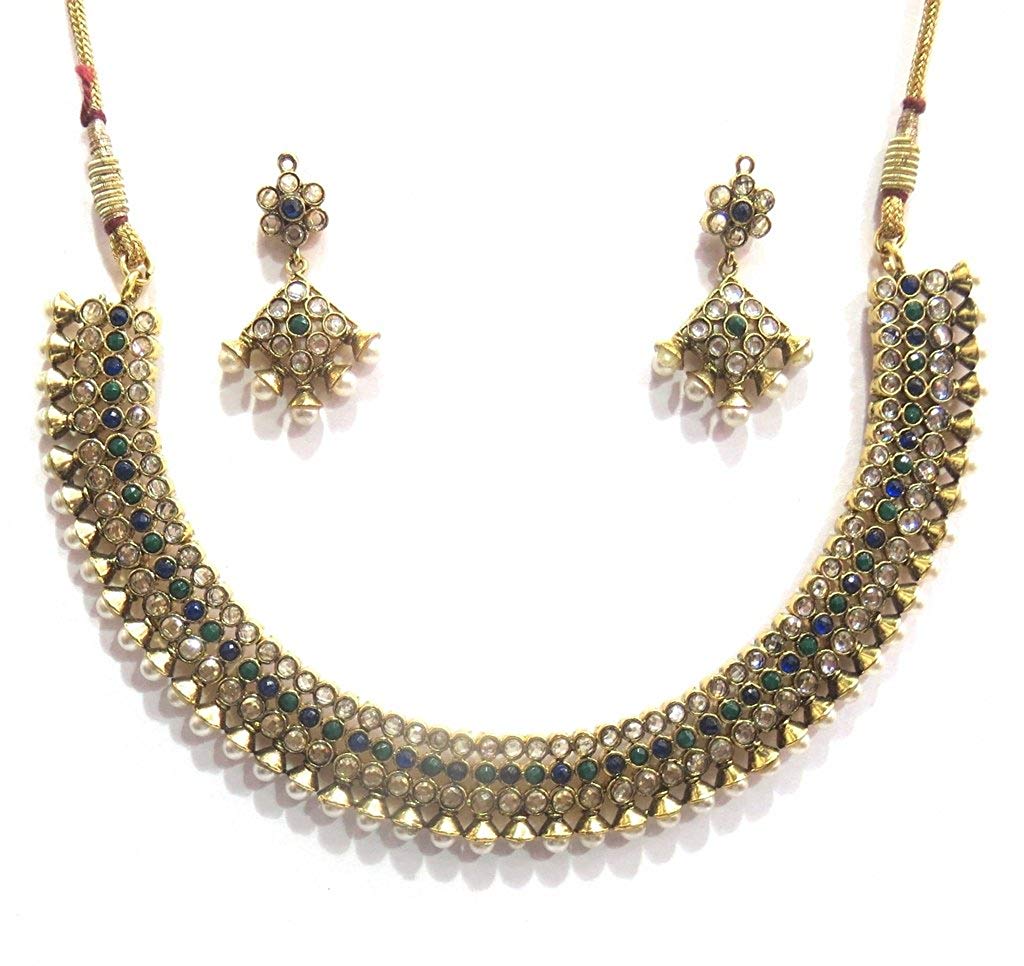 Jewelshingar Jewellery Antique Antique Plated Colour Blue Green Necklace Set for Women (41066-as-blue-green)