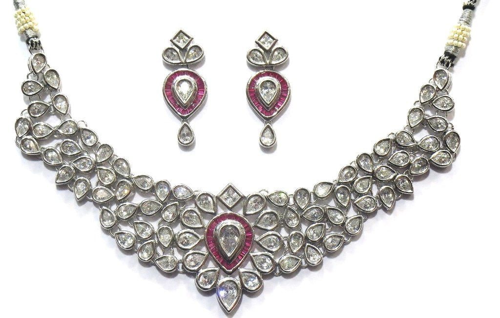 Jewelshingar Women's Fine Quality Cubic Zirconia Silver Plated Necklace Set Jewellery ( 6529-dcs-ruby ) - JEWELSHINGAR