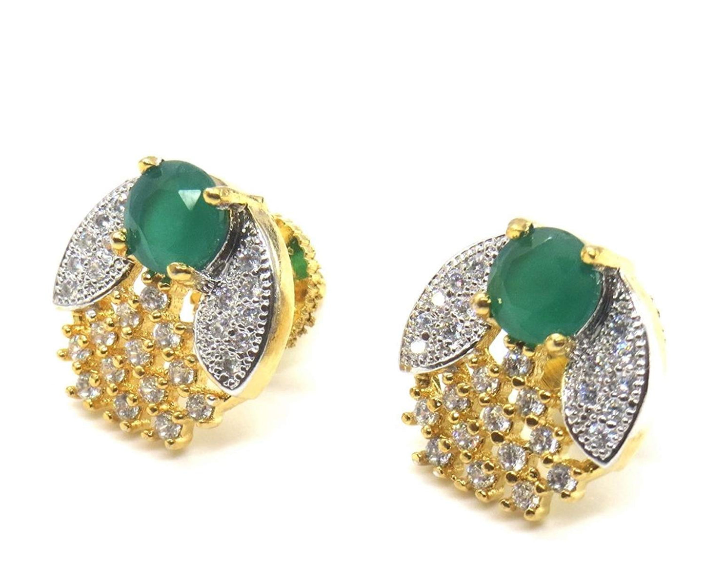Jewelshingar Jewellery Diamond Look Silver Gold Plated Green Colour Earrings For Women (44242-ead-green-studs)