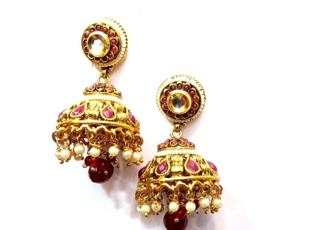 Jewelshingar Women's Antique Gold Plated Polki Kundan Onyx Ruby Earrings Danglers Jhumki Jewellery ( 82-pe-PE82-r ) - JEWELSHINGAR