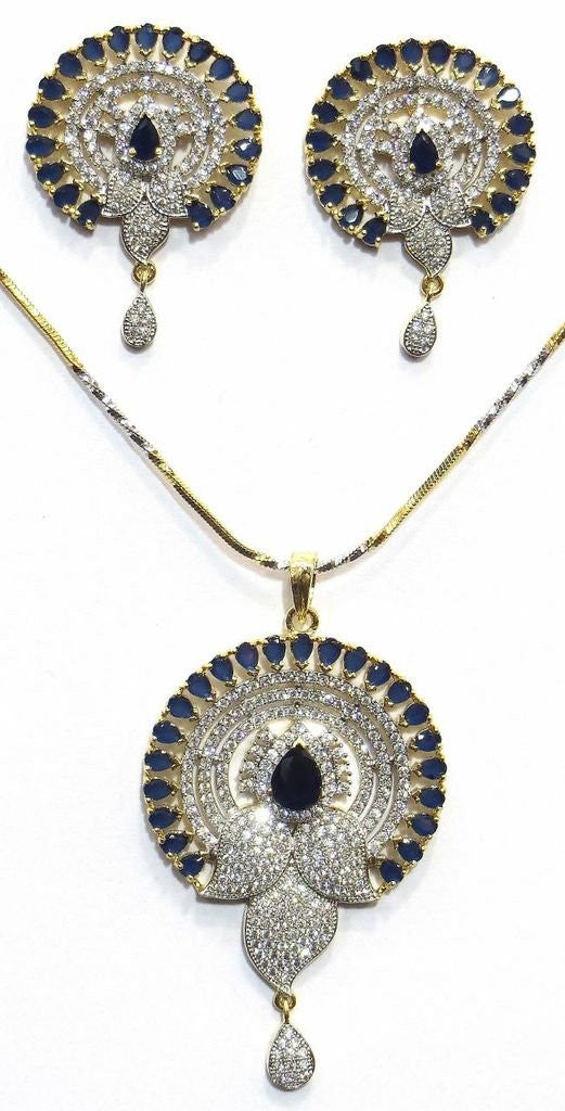 Jewelshingar Women's Cubic Zirconia Silver And Gold Plated A.D. Pendant Set Blue Jewellery ( 6466-psad-blue ) - JEWELSHINGAR