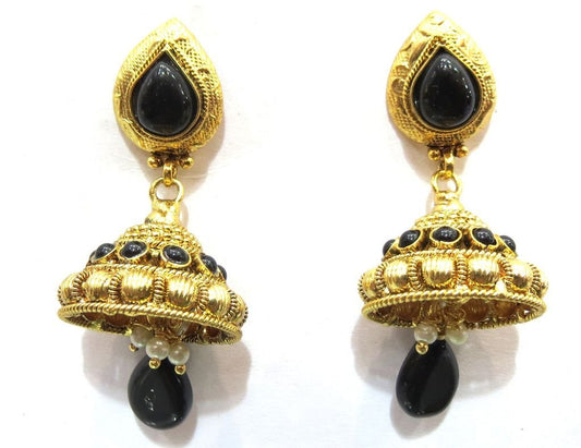 Jewelshingar Women's Antique Gold Plated Polki Kundan Black Colour Earrings Danglers Jhumki Jewellery ( 5261-pe-black ) - JEWELSHINGAR
