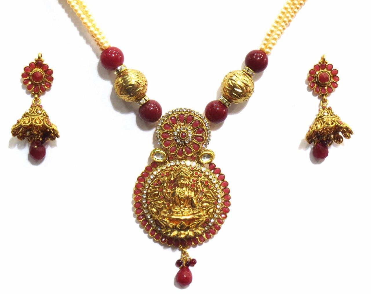 Jewelshingar Women's Antique Gold Plated Ruby Polki Kundan Pendant Temple Set Jewellery ( 7369-as-a ) - JEWELSHINGAR