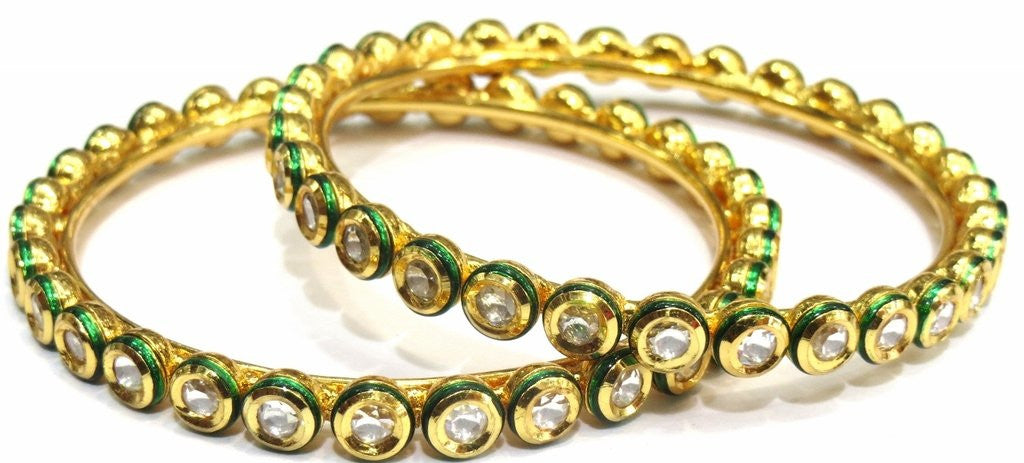 Jewelshingar Women's Fine Gold Plated Enamel Work Polki Kundan Screw Open Bangles Set In 2.8 Size Jewellery ( 7819-acb-2.8 ) - JEWELSHINGAR