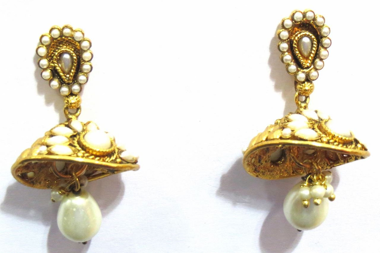 Jewelshingar Girl's Antique Gold Plated Pearl Polki Kundan Danglers Earrings Jhumki Jewellery ( 7252-pj-a ) - JEWELSHINGAR