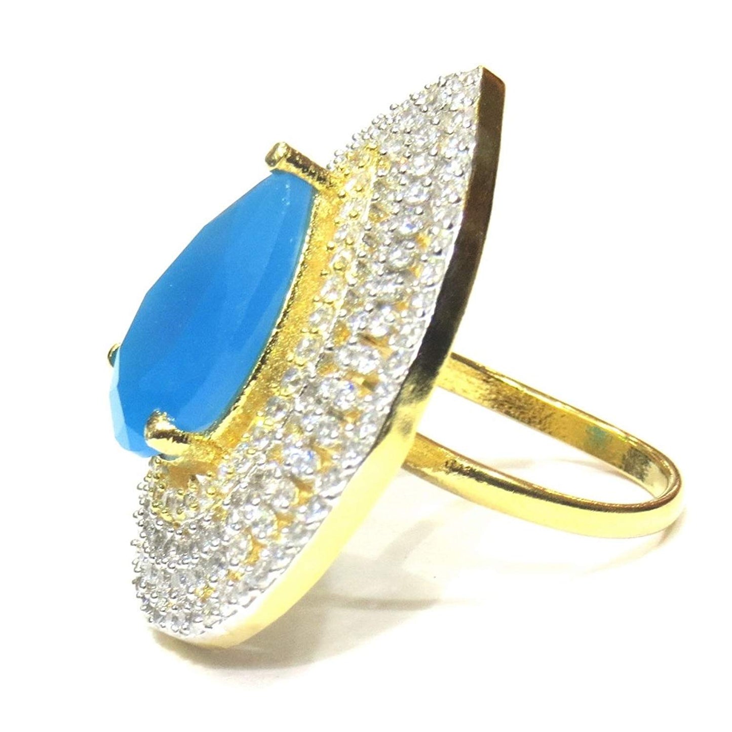 Jewelshingar Jewellery Gold Plated American Diamond Cocktail Ring In Free Size For Women ( 20452-ring-blue )