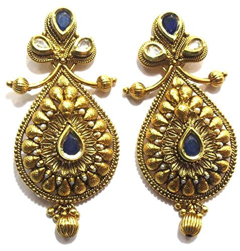 Jewelshingar Women's Antique Gold Plated Polki Kundan Moti Blue Colour Earrings Danglers Jhumki Blue Jewellery ( 6699-pe-blue ) - JEWELSHINGAR
