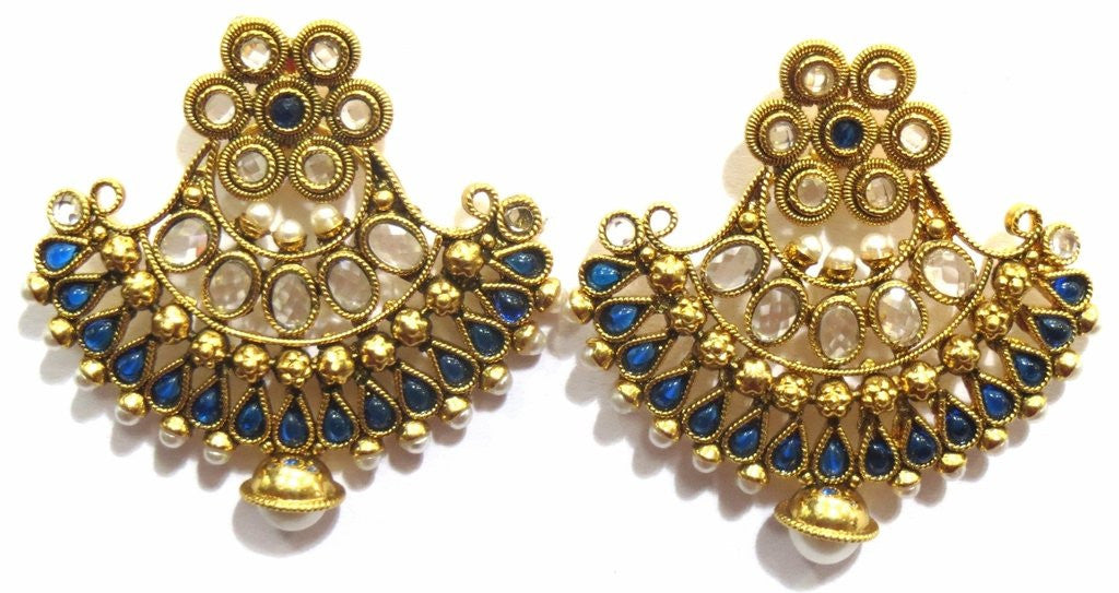 Jewelshingar Women's Antique Gold Plated Polki Kundan Moti Blue Colour Earrings Danglers Jhumki Jewellery ( 8324-pe-blue ) - JEWELSHINGAR