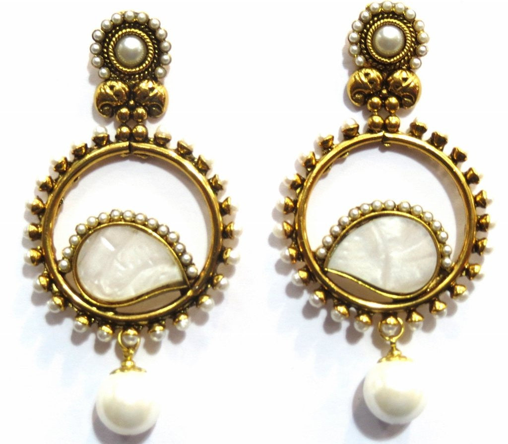 Jewelshingar Women's Antique Gold Plated Polki Earrings Danglers Stone White Jewellery ( 7314-pe-wh-999-a ) - JEWELSHINGAR