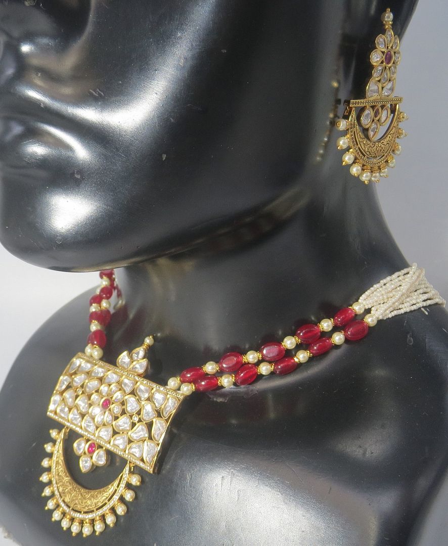 Jewelshingar Jewellery Fine Antique Polki Kundan Gold Plated Red Colour Necklace For Women ( 62127ASP )