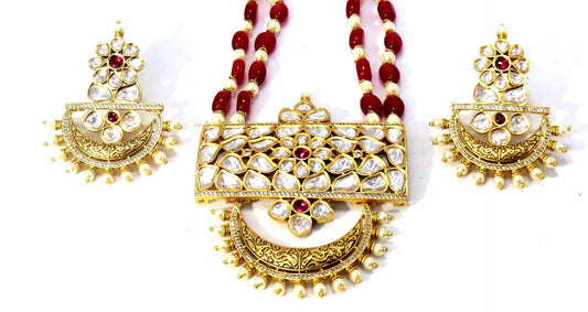 Jewelshingar Jewellery Fine Antique Polki Kundan Gold Plated Red Colour Necklace For Women ( 62127ASP )