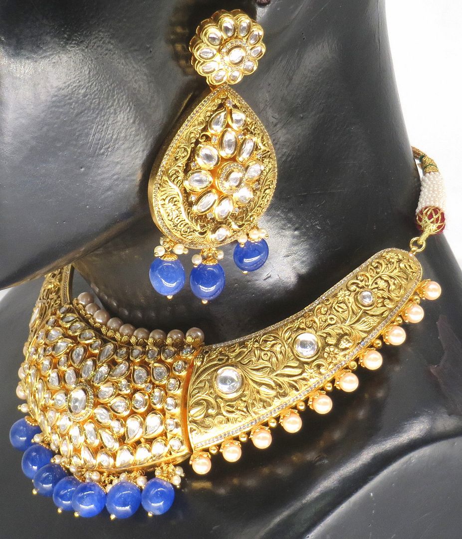 Jewelshingar Jewellery Fine Antique Polki Kundan Gold Plated Blue Colour Necklace For Women ( 62448ACS )