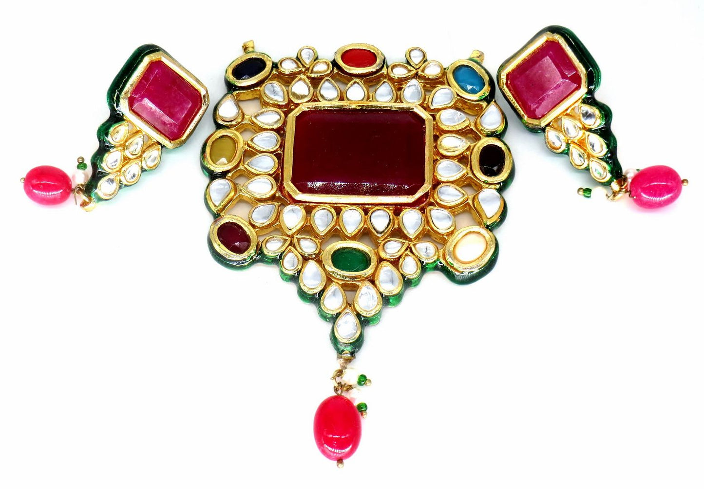 Jewelshingar Jewellery Fine Antique Polki Kundan Gold Plated Multi Colour Necklace For Women ( 62456ACP )
