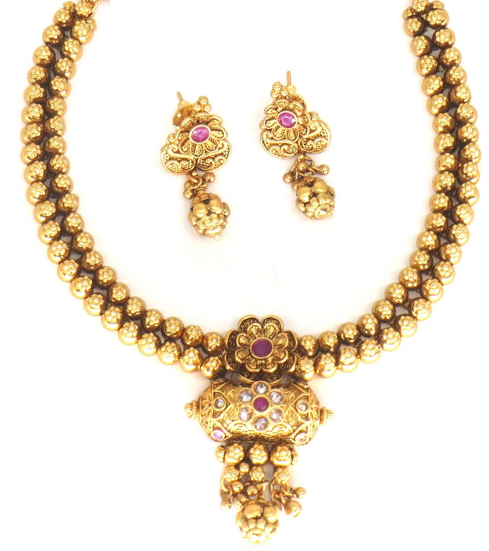 Jewelshingar Jewellery Fine Antique Polki Kundan Gold Plated Ruby Colour Necklace For Women ( 62762AST )