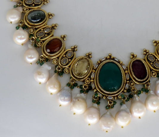 Jewelshingar Jewellery Fine Antique Polki Kundan Gold Plated Multi Colour Necklace For Women ( 62845ACS )