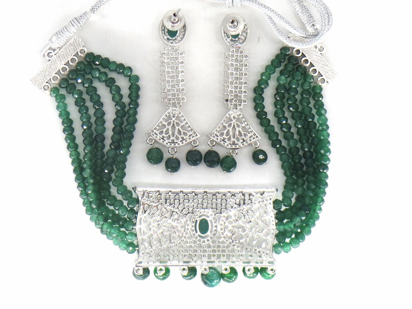 Jewelshingar Jewellery Fine Antique Polki Kundan Silver Plated Green Colour Necklace For Women ( 62917NAD )
