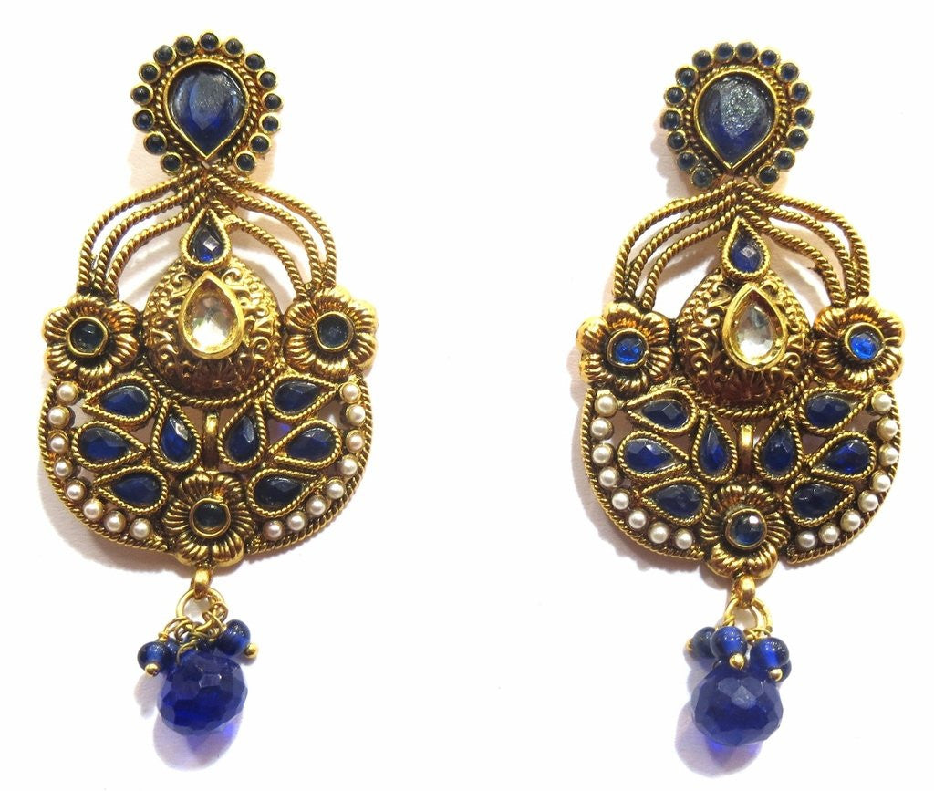 Jewelshingar Women's Antique Gold Plated Polki Kundan Moti Blue Colour Earrings Danglers Jhumki Jewellery ( 8329-pe-blue ) - JEWELSHINGAR
