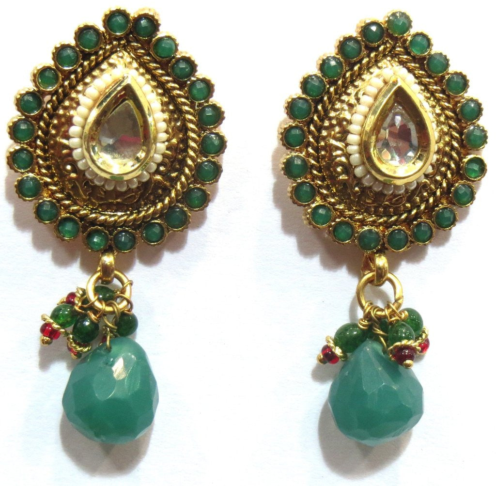 Jewelshingar Women's Antique Gold Plated Polki Kundan Moti Green Earrings Danglers Jhumki Jewellery ( 8237-pe-g ) - JEWELSHINGAR