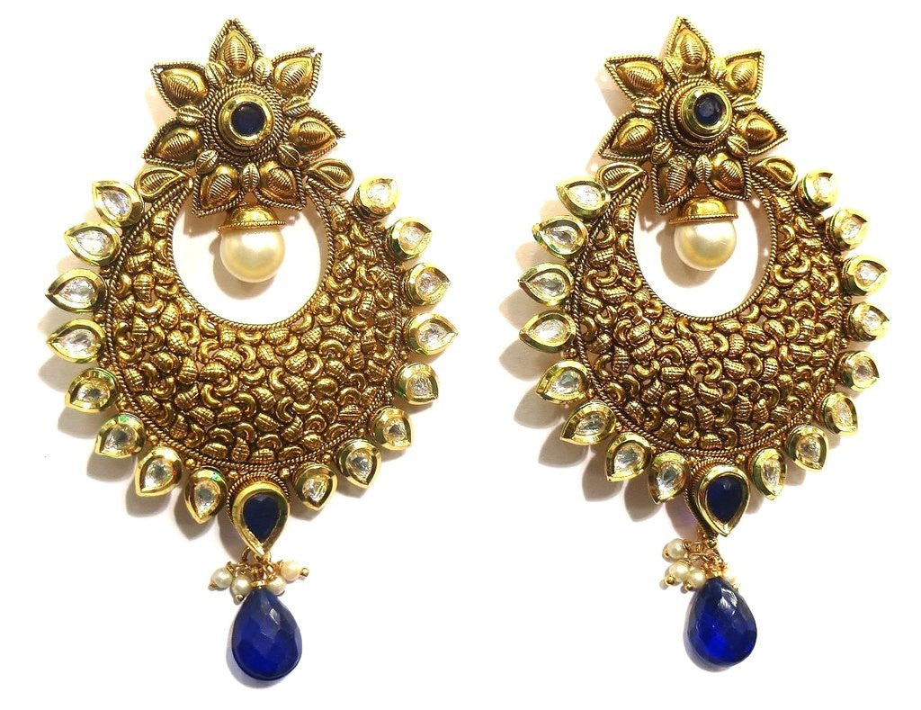 Jewelshingar Women's Antique Gold Plated Polki Kundan Moti Blue Colour Earrings Danglers Jhumki Jewellery ( 6620-pe-blue ) - JEWELSHINGAR