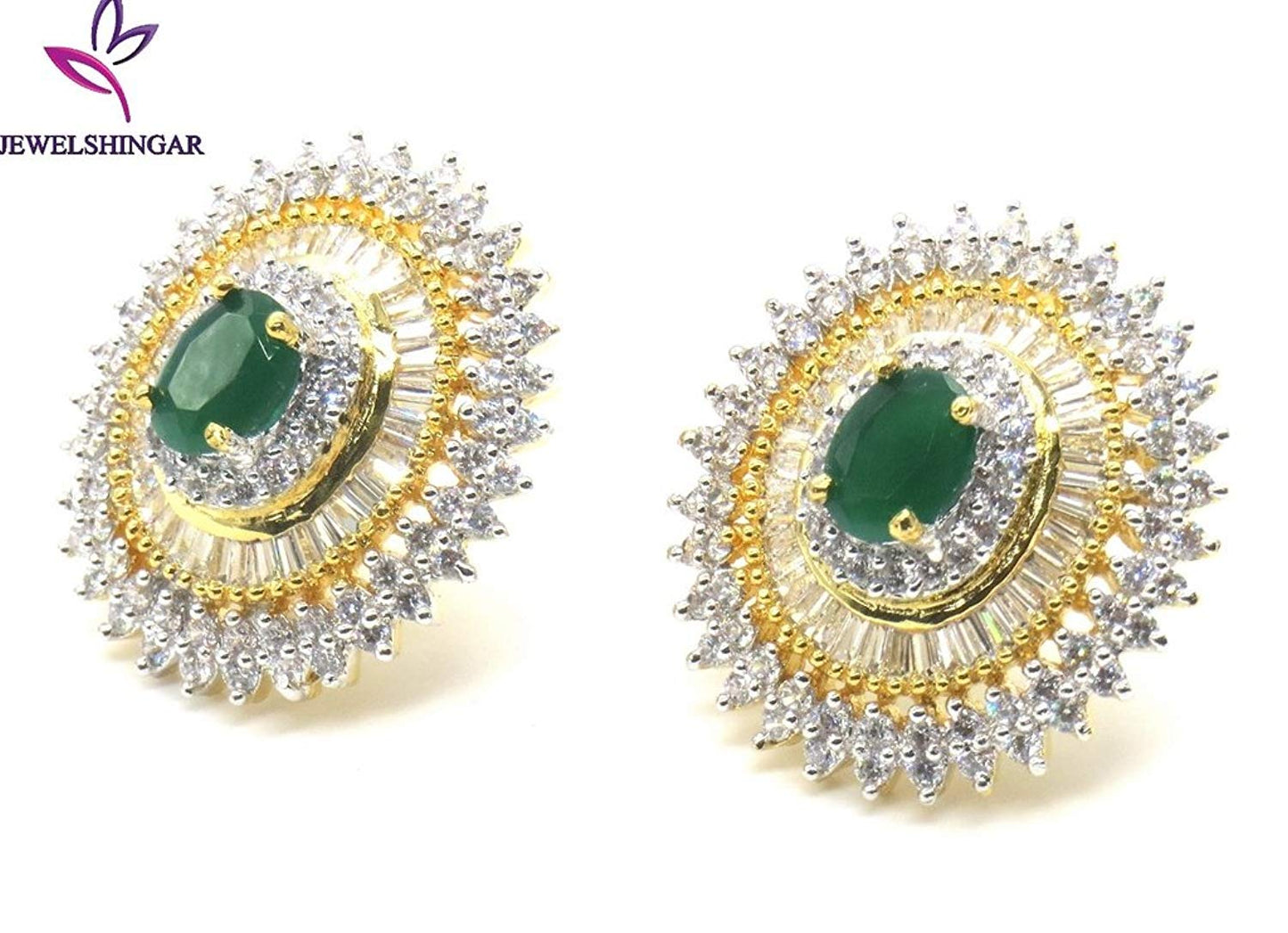 Jewelshingar Jewellery Diamond Look Silver Gold Plated Green Colour Earrings For Women (44230-ead-green-studs)