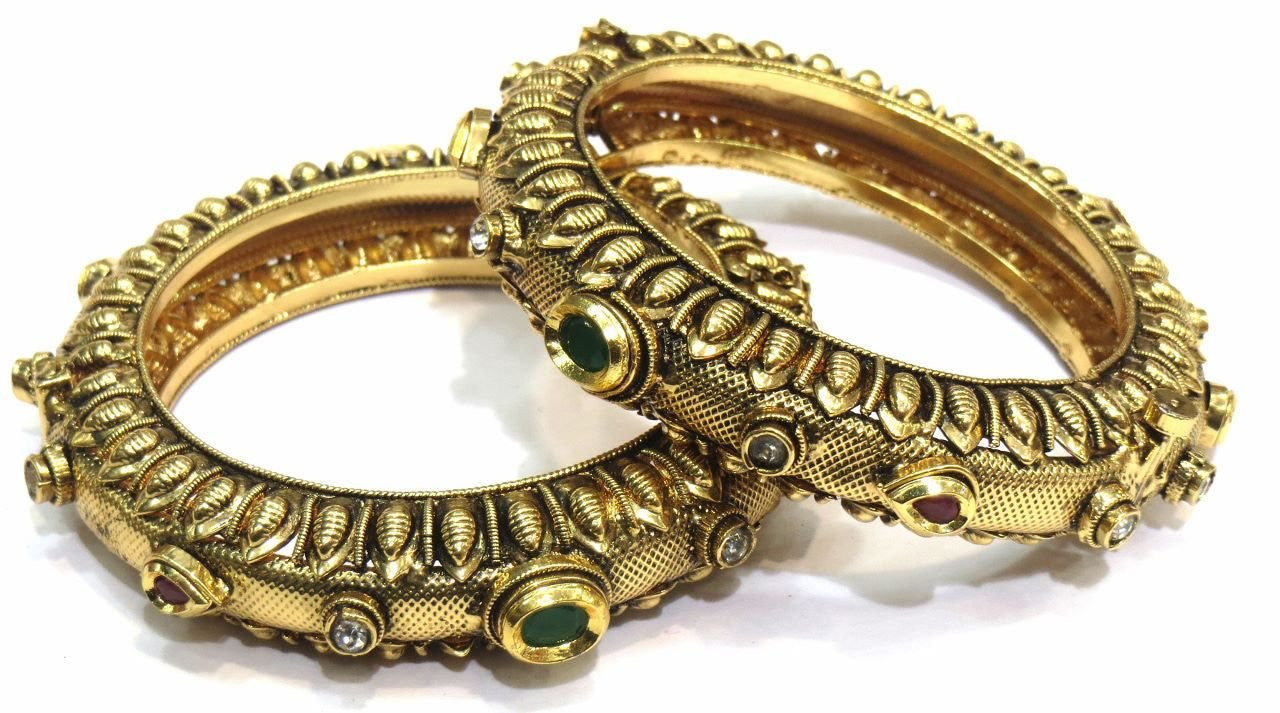 Jewelshingar Women's Antique Gold Kundan Polkii Look Screw Open Kada Bangles Set 2.4 Jewellery ( 5930-m-2.4-a ) - JEWELSHINGAR