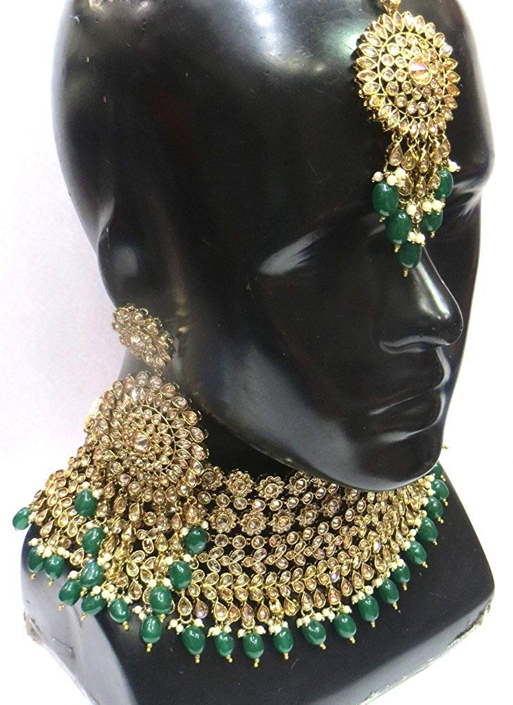 Jewelshingar Jewellery Antique Gold Plated Colour Green Necklace set For Women (43173-choker-green)