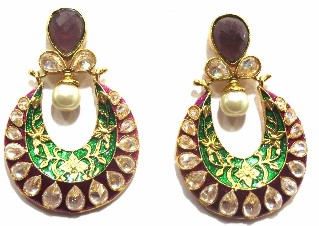 Jewelshingar Women's Antique Gold Plated Polki Kundan Enamel Earrings Danglers Multi Jewellery ( 8359-meena-raani-green ) - JEWELSHINGAR