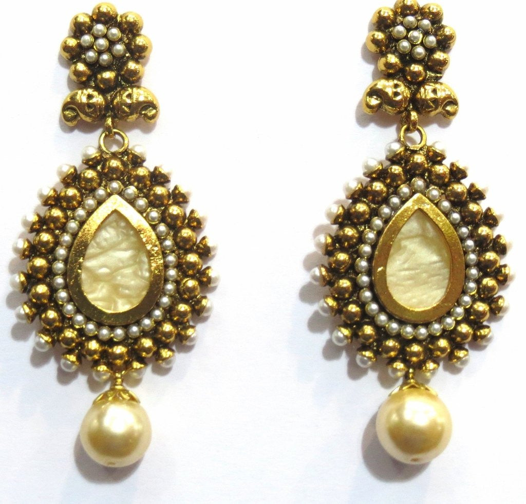 Jewelshingar Women's Antique Gold Plated Polki Earrings Danglers In Golden Cream Colour Stone Jewellery ( 7307-pe-cream-1250-a ) - JEWELSHINGAR