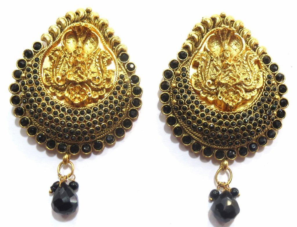 Jewelshingar Women's Antique Gold Plated Polki Kundan Black Colour Earrings Danglers Jhumki Jewellery ( 8343-pe-black ) - JEWELSHINGAR