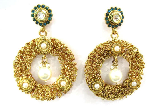 Jewelshingar Women's Antique Gold Plated Polki Kundan Moti Green Earrings Danglers Jhumki Jewellery ( 5199-pe ) - JEWELSHINGAR