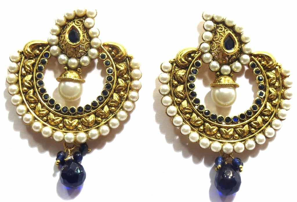 Jewelshingar Women's Antique Gold Plated Polki Kundan Moti Blue Colour Earrings Danglers Jhumki Jewellery ( 8320-pe-blue ) - JEWELSHINGAR