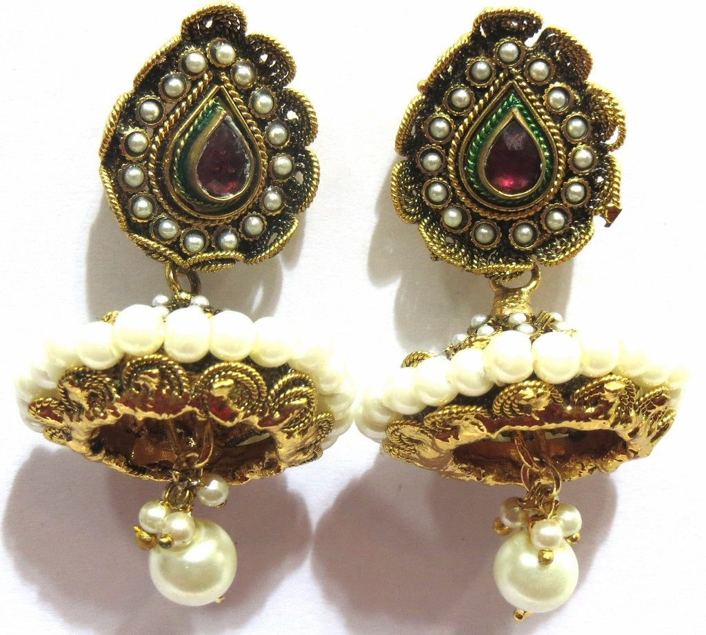 Jewelshingar Women's Antique Gold Plated Onyx Ruby Earrings Danglers Jhumki Jewellery ( 8315-pe-r ) - JEWELSHINGAR