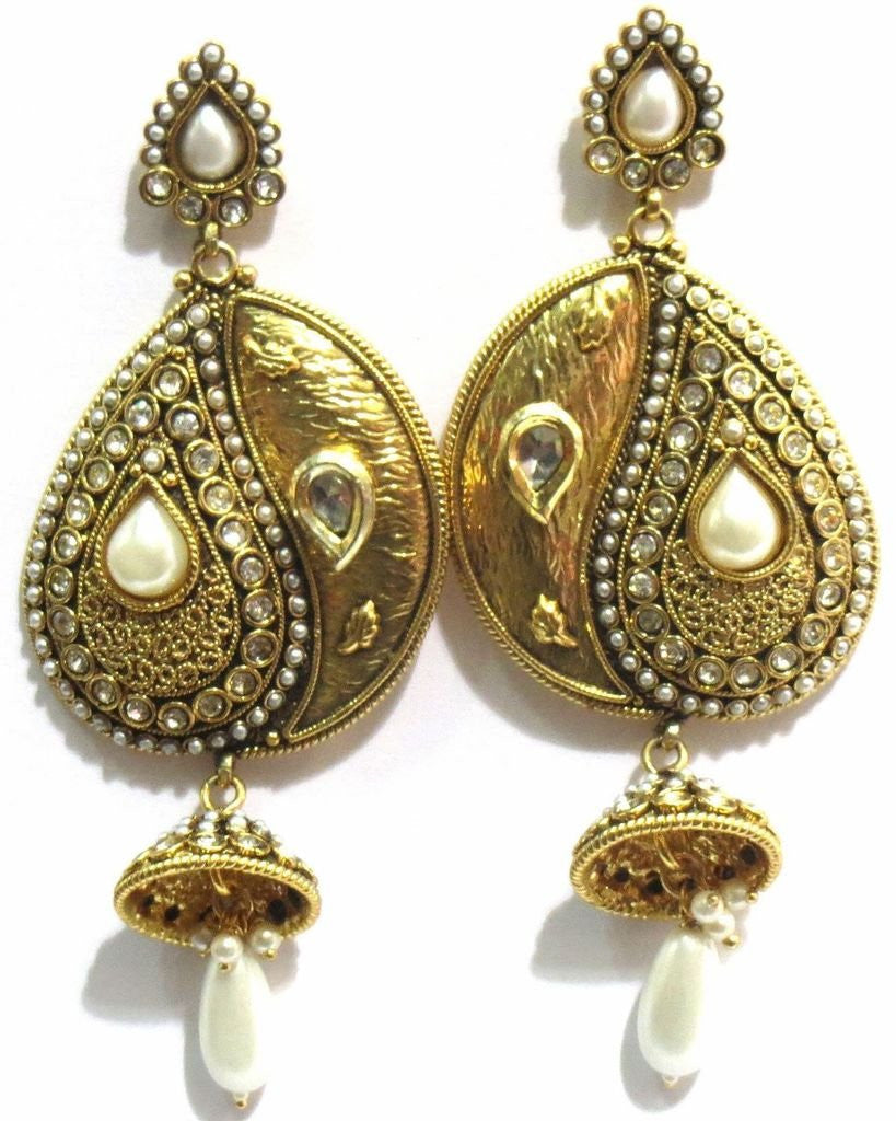 Jewelshingar Women's Antique Gold Plated Polki Kundan Moti Earrings Danglers Jhumki Jewellery ( 7179-pe ) - JEWELSHINGAR