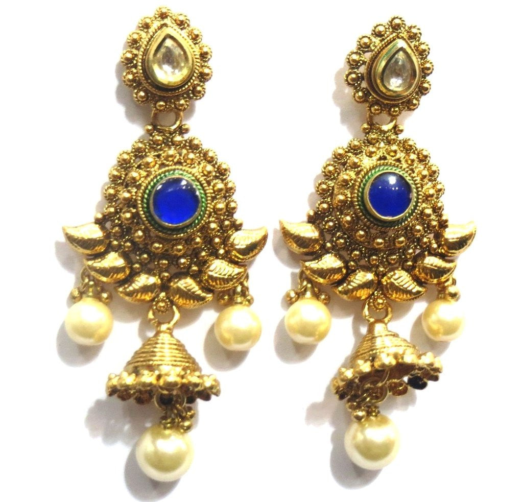 Jewelshingar Women's Antique Gold Plated Polki Kundan Moti Blue Colour Earrings Danglers Jhumki Jewellery ( 6578-pe-blue ) - JEWELSHINGAR