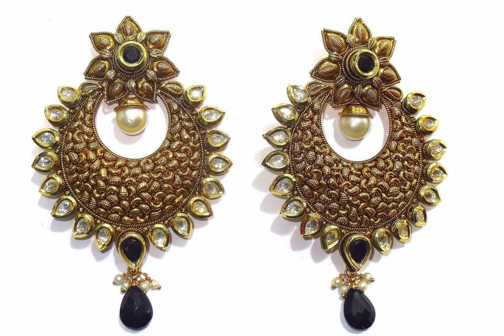 Jewelshingar Women's Antique Gold Plated Polki Kundan Moti Blue Colour Earrings Danglers Jhumki Jewellery ( 6620-pe-blue ) - JEWELSHINGAR