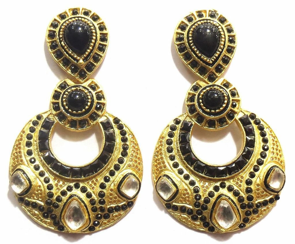 Jewelshingar Women's Antique Gold Plated Polki Kundan Black Colour Earrings Danglers Jhumki Jewellery ( 6583-pe-matt-black ) - JEWELSHINGAR
