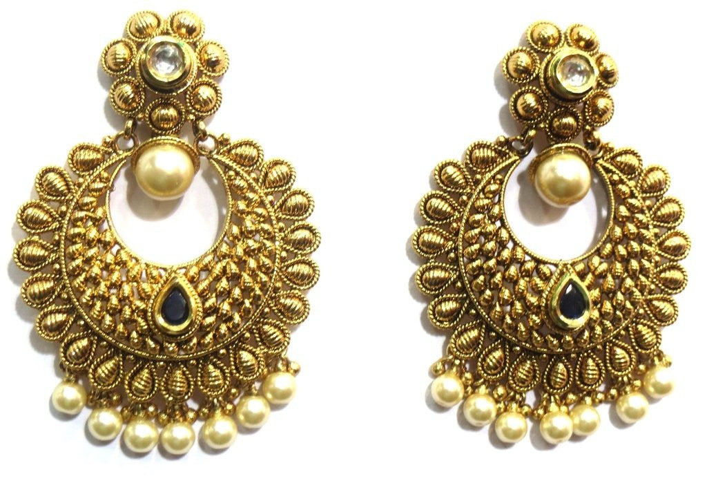Jewelshingar Women's Antique Gold Plated Polki Kundan Moti Blue Colour Earrings Danglers Jhumki Jewellery ( 6628-pe-blue ) - JEWELSHINGAR