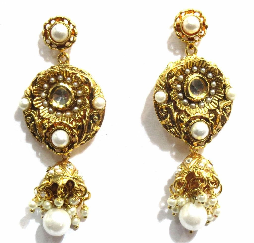 Jewelshingar Women's Antique Gold Plated Polki Kundan Moti Earrings Danglers Jhumki Jewellery ( 7201-pe ) - JEWELSHINGAR