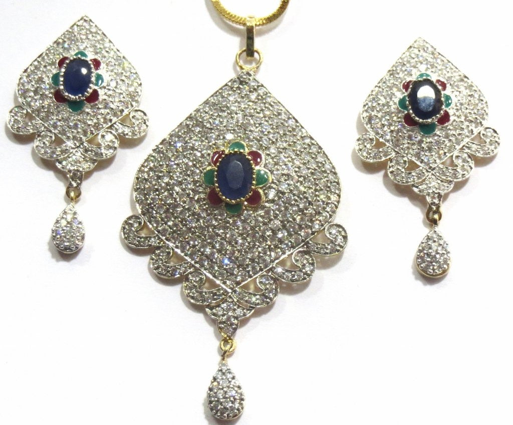 Jewelshingar Women's American Diamond Silver And Gold Plated A.D. Pendant Set Blue Jewellery ( 8477-psad-blue ) - JEWELSHINGAR