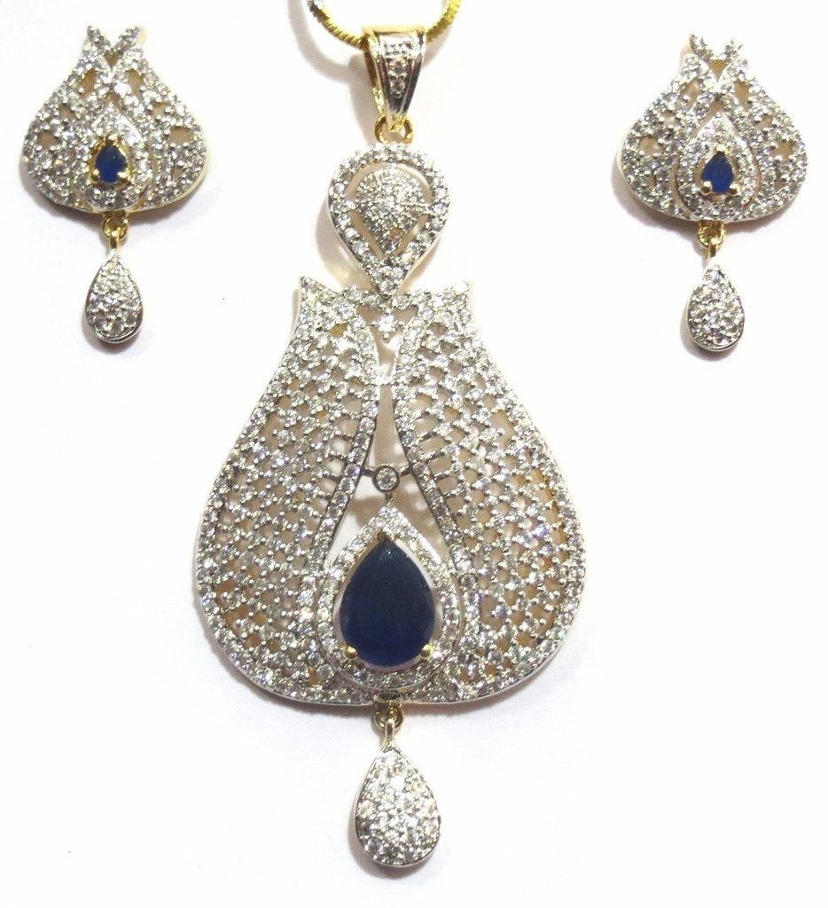 Jewelshingar Women's American Diamond Silver And Gold Plated A.D. Pendant Set Blue Jewellery ( 8474-psad-blue ) - JEWELSHINGAR
