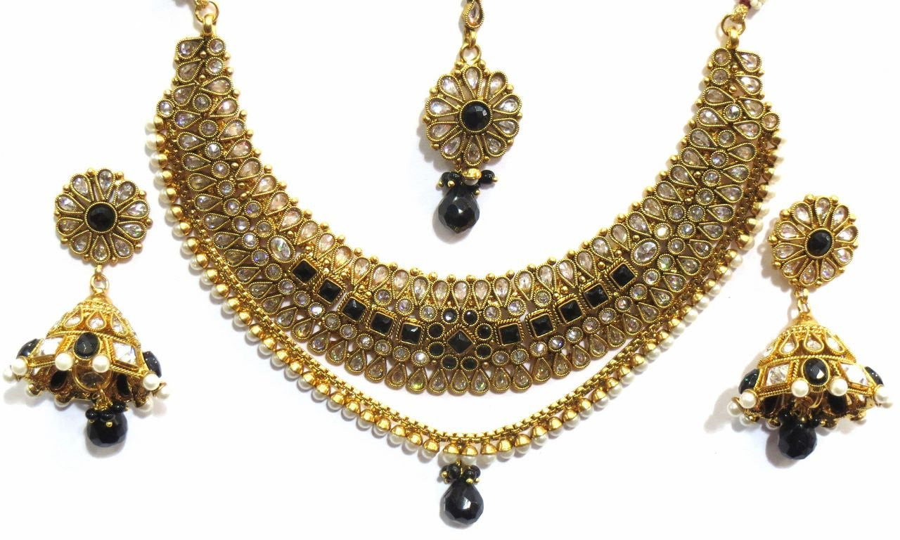 Jewelshingar Women's Antique Gold Kundan Finish Necklace Set In Black Colour Jewellery ( 7365-as-a ) - JEWELSHINGAR
