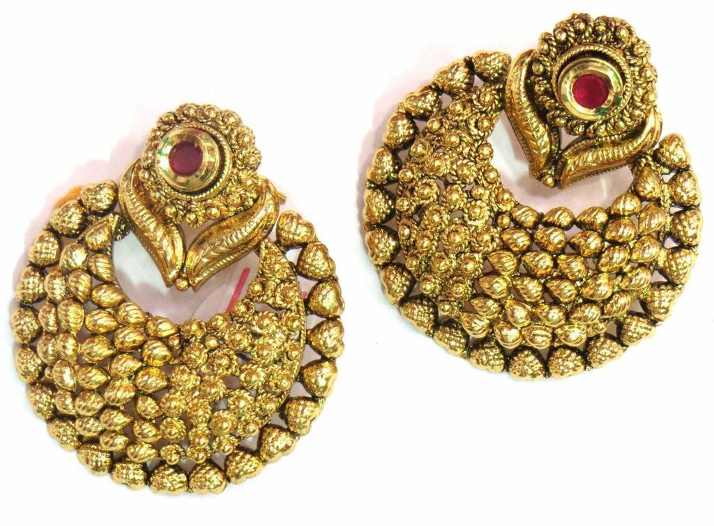 Jewelshingar Women's Antique Gold Plated Polki Kundan Onyx Ruby Earrings Danglers Jhumki Jewellery ( 4836-pe-r ) - JEWELSHINGAR