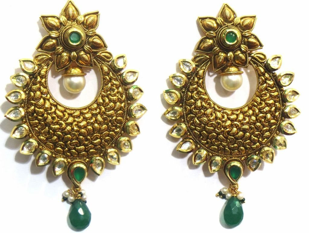 Jewelshingar Women's Antique Gold Plated Polki Kundan Moti Blue Colour Earrings Danglers Jhumki Jewellery ( 6620-pe-blue ) - JEWELSHINGAR