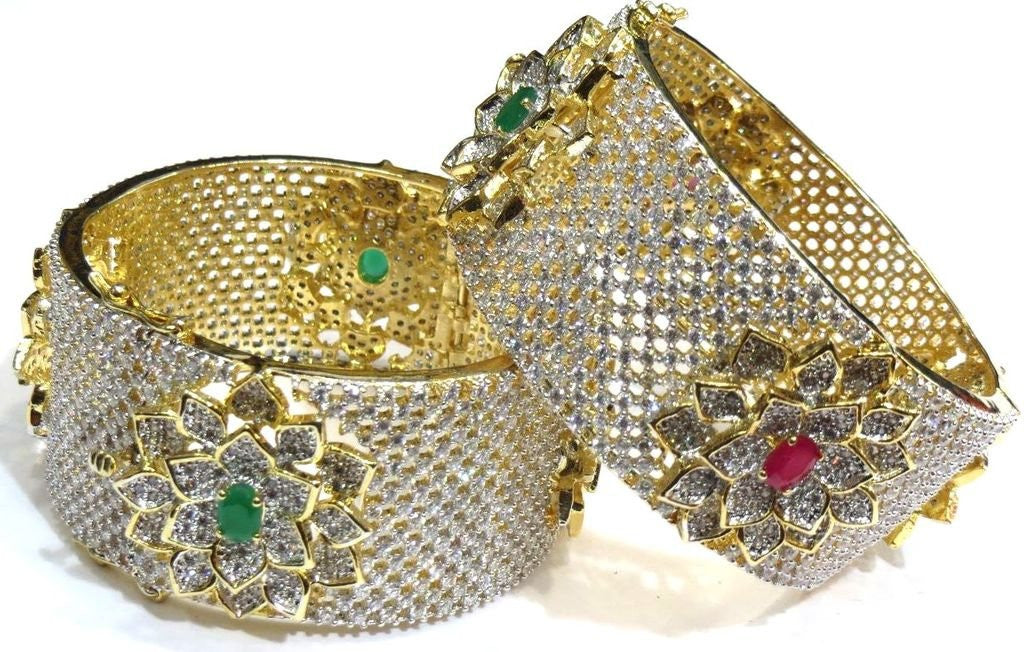 Jewelshingar Cubic Zirconia Bangles Set For Women Jewellery ( 7106-2.6-jb-pair-Ruby-Emerald ) - JEWELSHINGAR