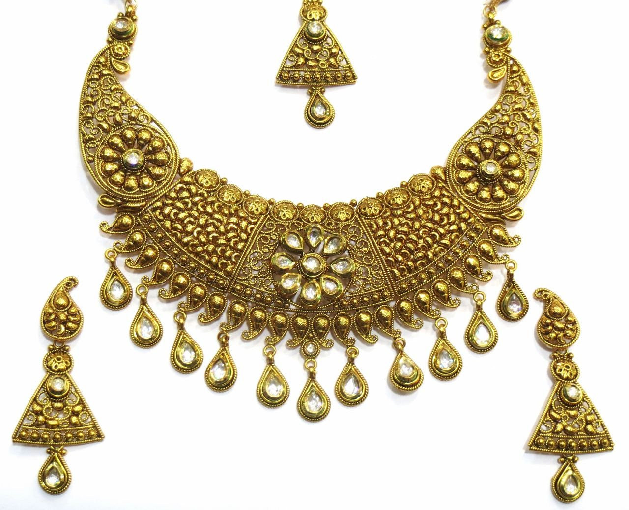 Jewelshingar Women's Antique Gold Plated Polki Kundan Pearls Look Necklace Set Jewellery ( 7419-as-a ) - JEWELSHINGAR