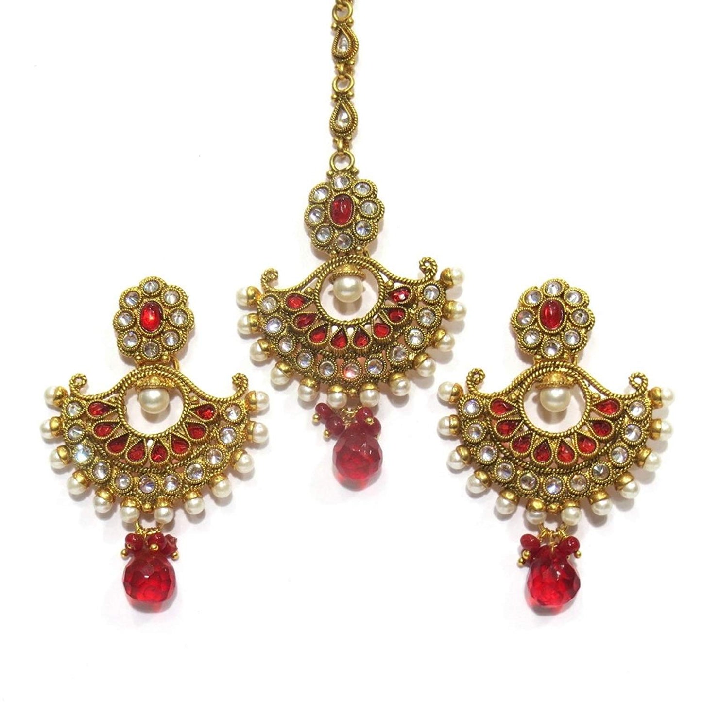 Jewelshingar Jewellery Antique Gold Plated / Polki / Kundan Earrings Maangtikka Set For Women ( 18555-mes-red )