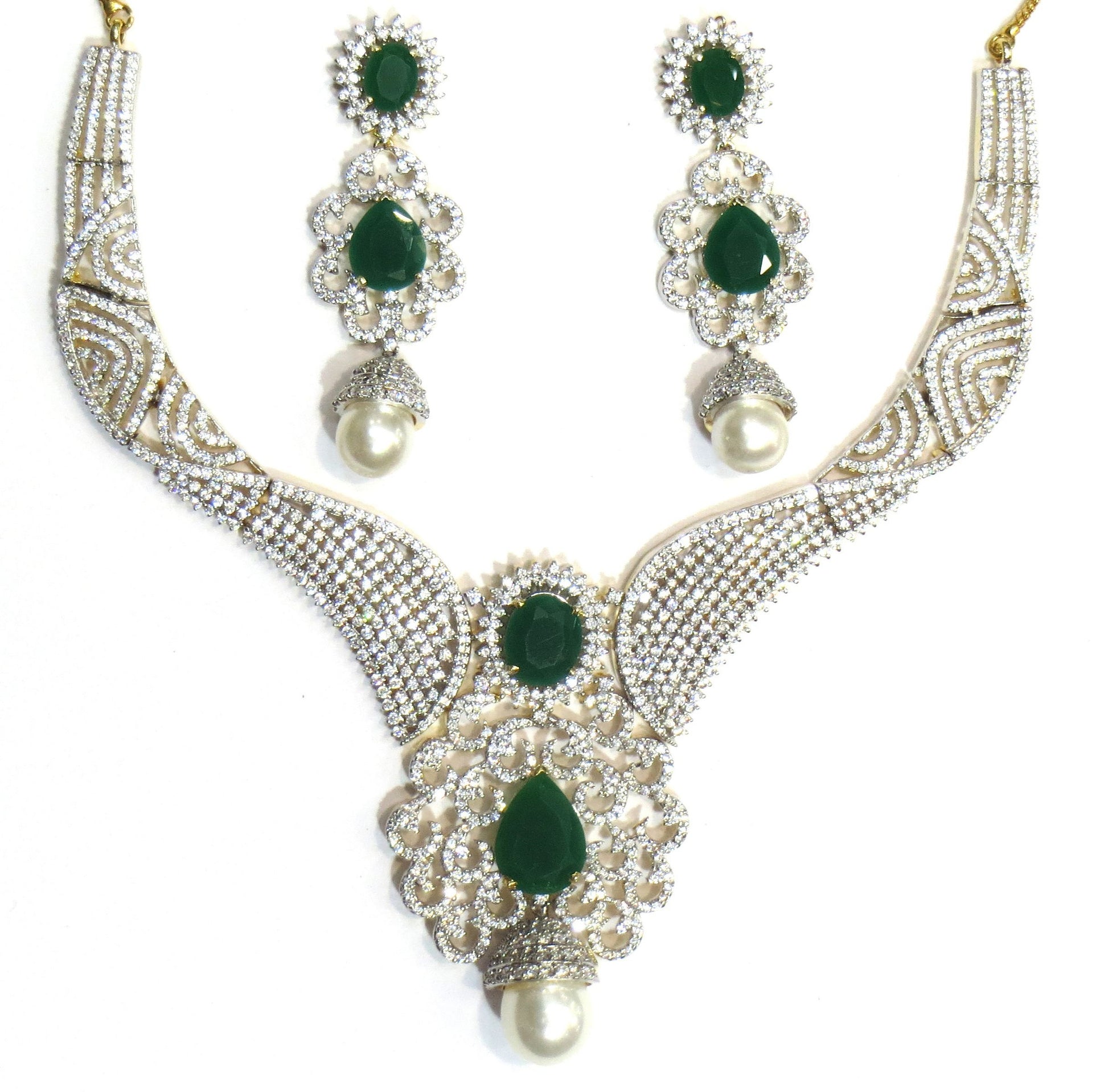 Jewelshingar Women's Diamond Look Necklace Set In Green Jewellery ( 5877-nad-a ) - JEWELSHINGAR