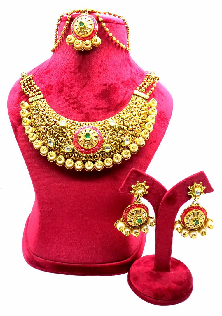 Jewelshingar Jewellery Antique Plated Semi Bridal Choker Necklace With Earrings And Maangtikka For Women ( 92065NEM )