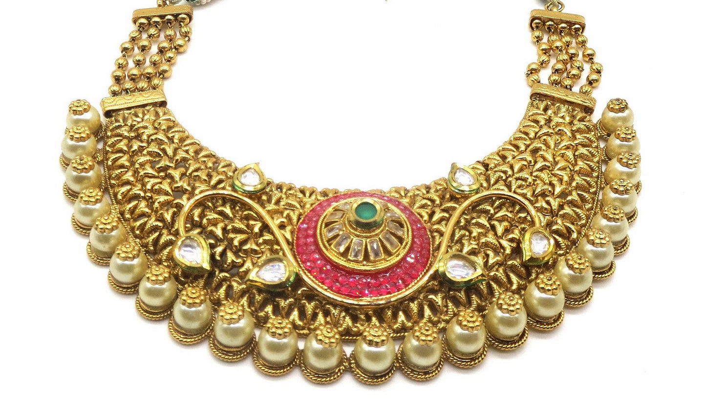 Jewelshingar Jewellery Antique Plated Semi Bridal Choker Necklace With Earrings And Maangtikka For Women ( 92065NEM )