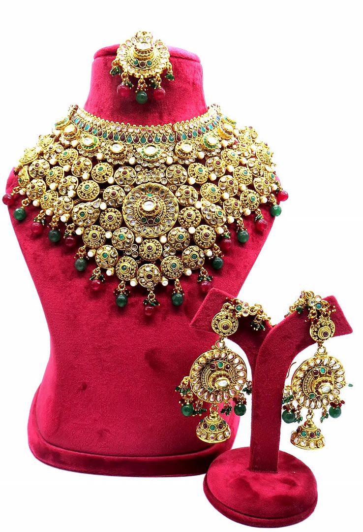 Jewelshingar Jewellery Antique Plated Semi Bridal Choker Necklace With Earrings And Maangtikka For Women ( 92081NEM )